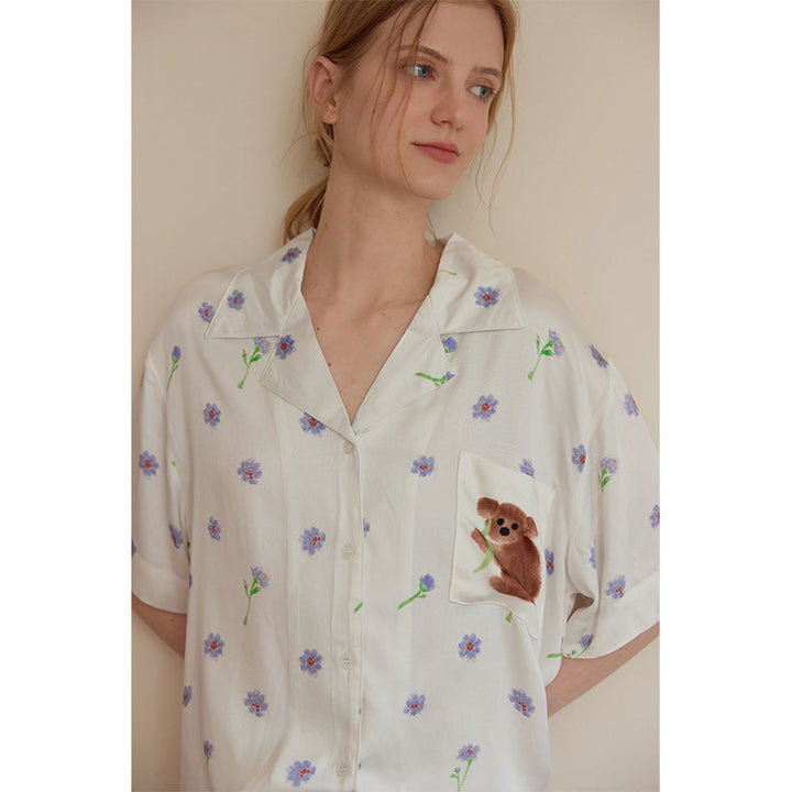 Dame kortærmet pyjamas med farverigt dyremotiv og elastisk talje Stilla