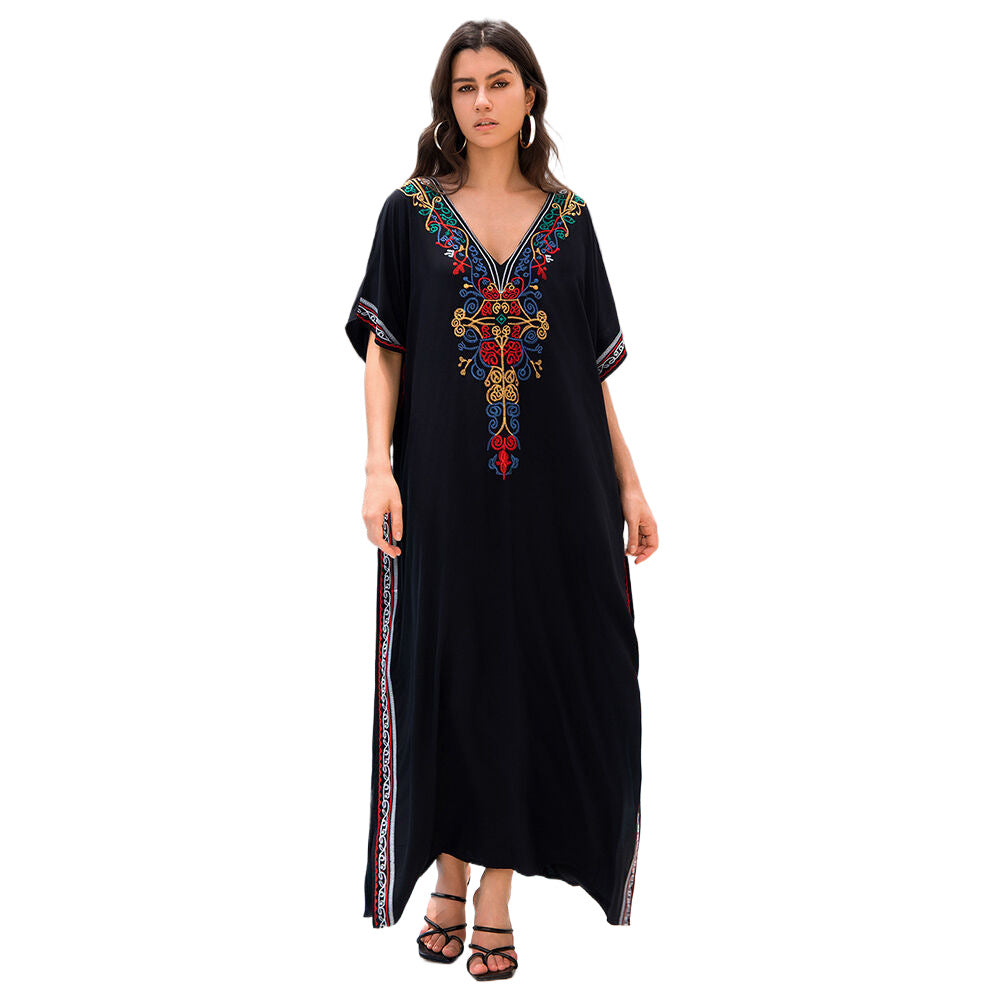 Dame lang kaftan kjole med detaljeret farverig broderi Stilla