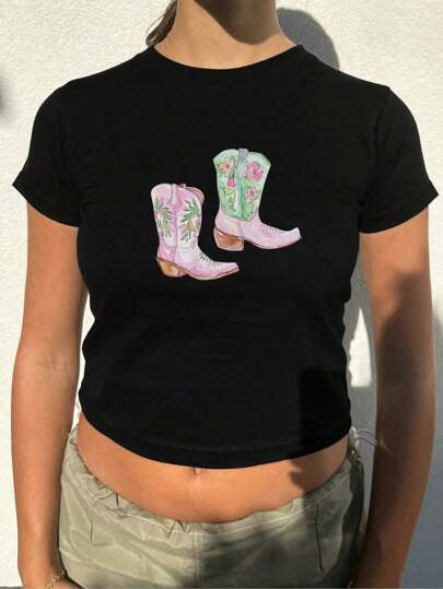 Dame Crop-T-shirt med kreativ læbe motiv og tætsiddende snit Skovae