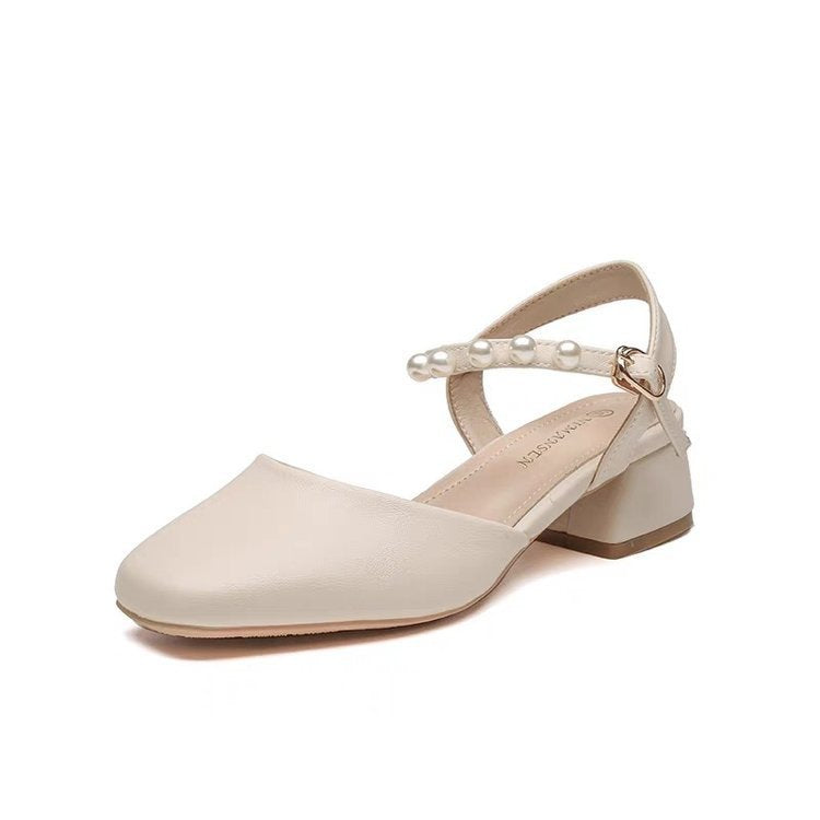 Dame elegante Slingback-pumps med perleprydelse og komfortabel blokhæl Stilla