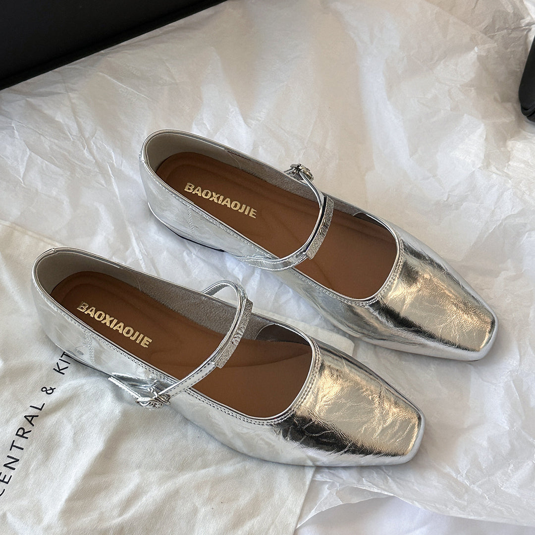 Femme Elegante Kvadrat-Spids Mary Jane Ballerinas med Stilfuld Ankelsnor Stilla