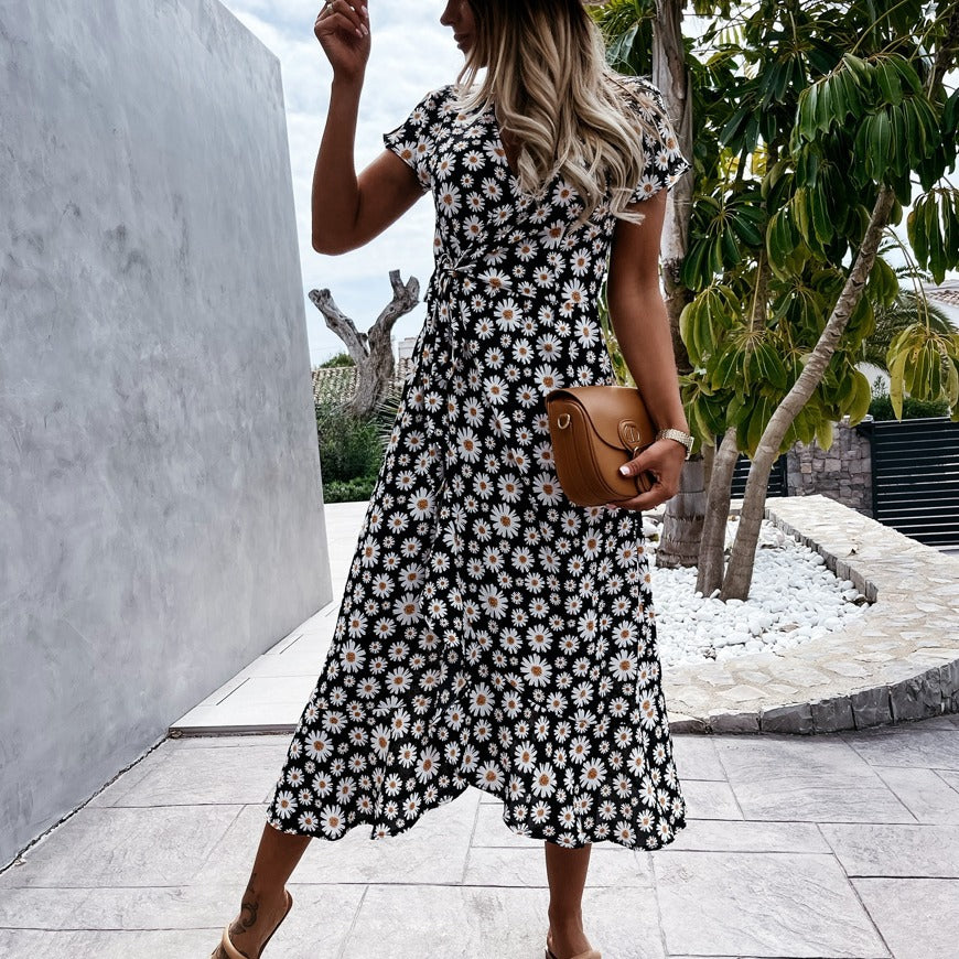 Dame Floral Print Wrap Midi Kjole Stilla