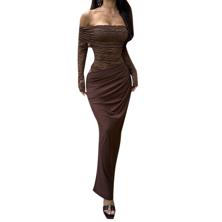 Dame elegant aften kjole med off-shoulder design og blonde ærmer Skovae