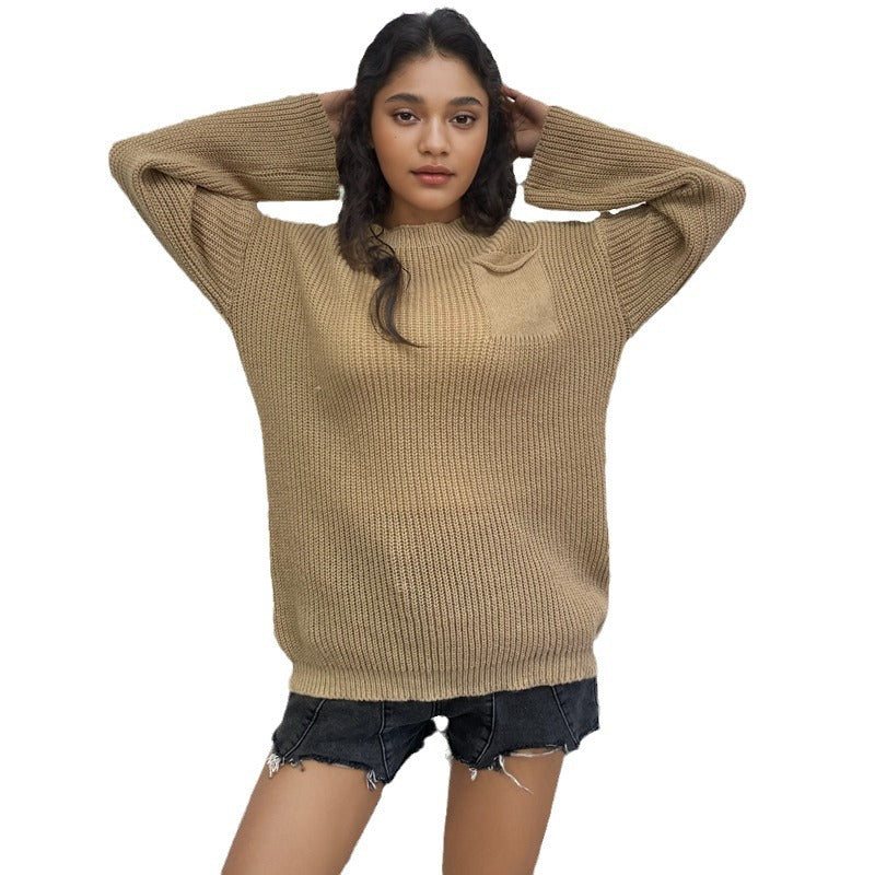 Dame stor strikket sweater med innovativt tekstureret mønster og brystlomme Stilla