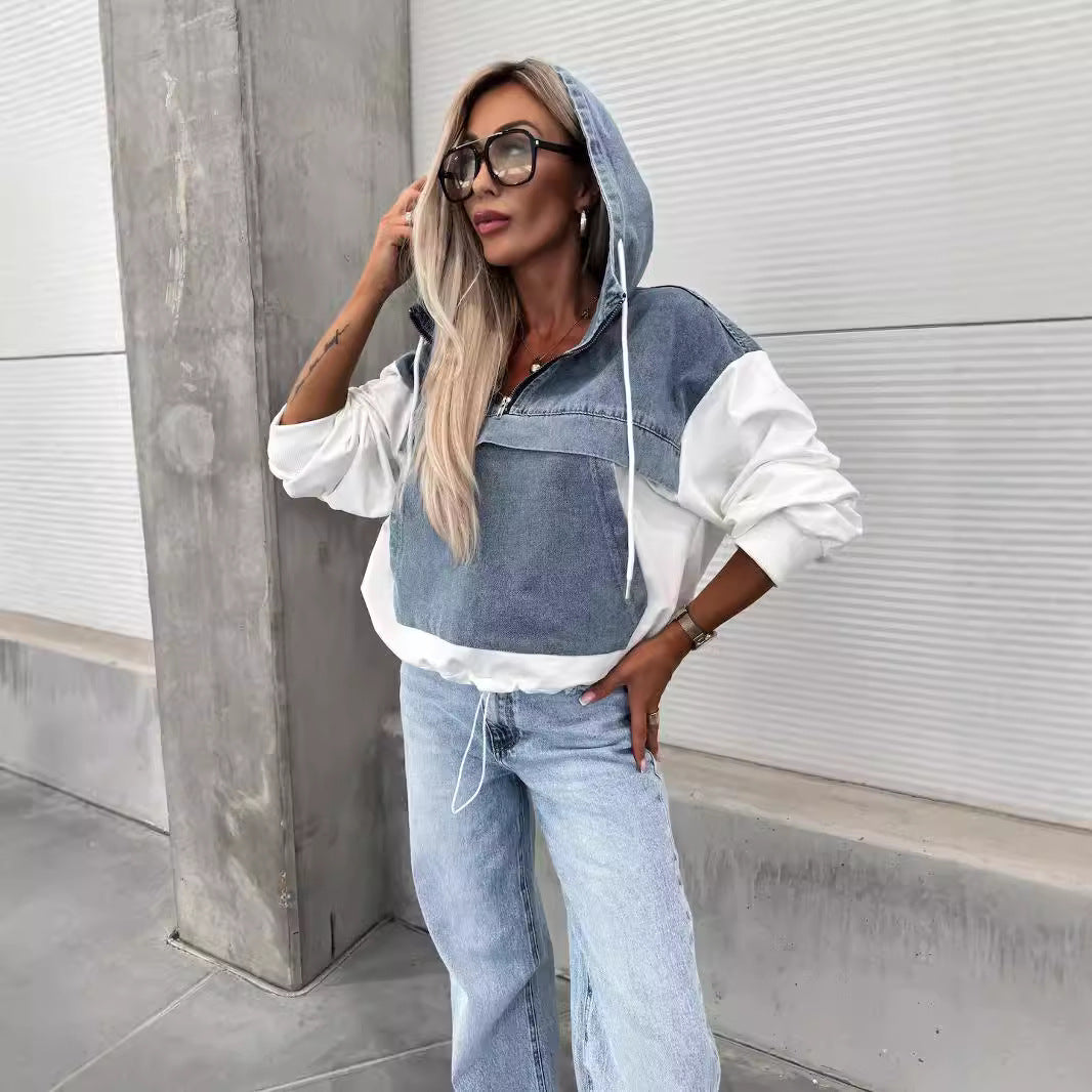 Damer afslappet denim-hættebluse med hætte og kontrasterende ærmer Stilla