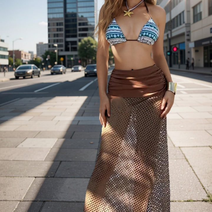 Dame Bikini-sæt med geometrisk tryk og transparent strik-overlap Skovae