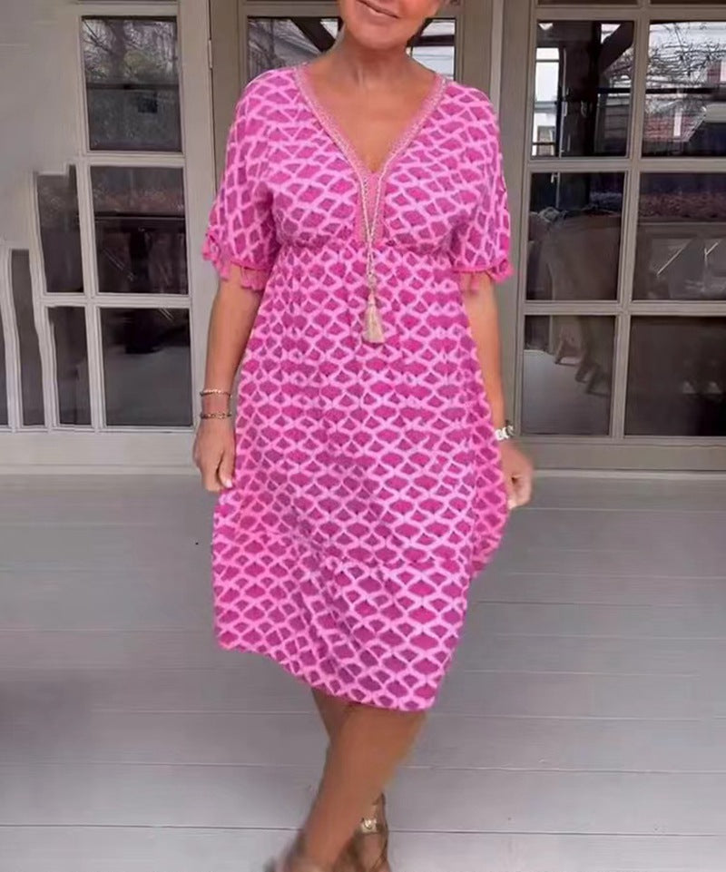 Dame nan casual midi kjole i kaftan stil med V-halsudskæring, kvaster bånd, rynket empire søm og frynseærmer Skovae