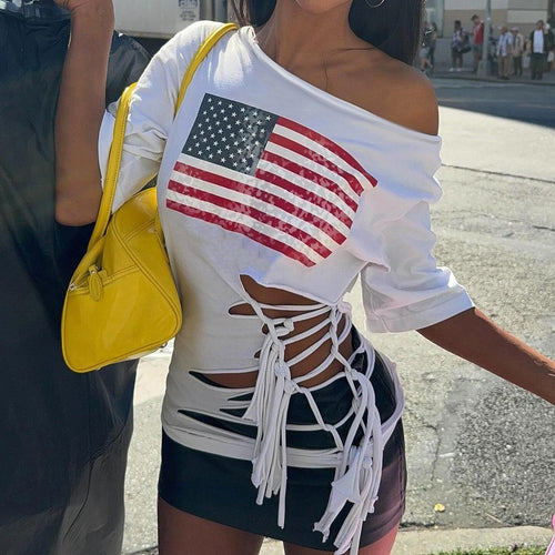 Dame Crop-Top med flagmotiv og raffinerede frynser Skovae