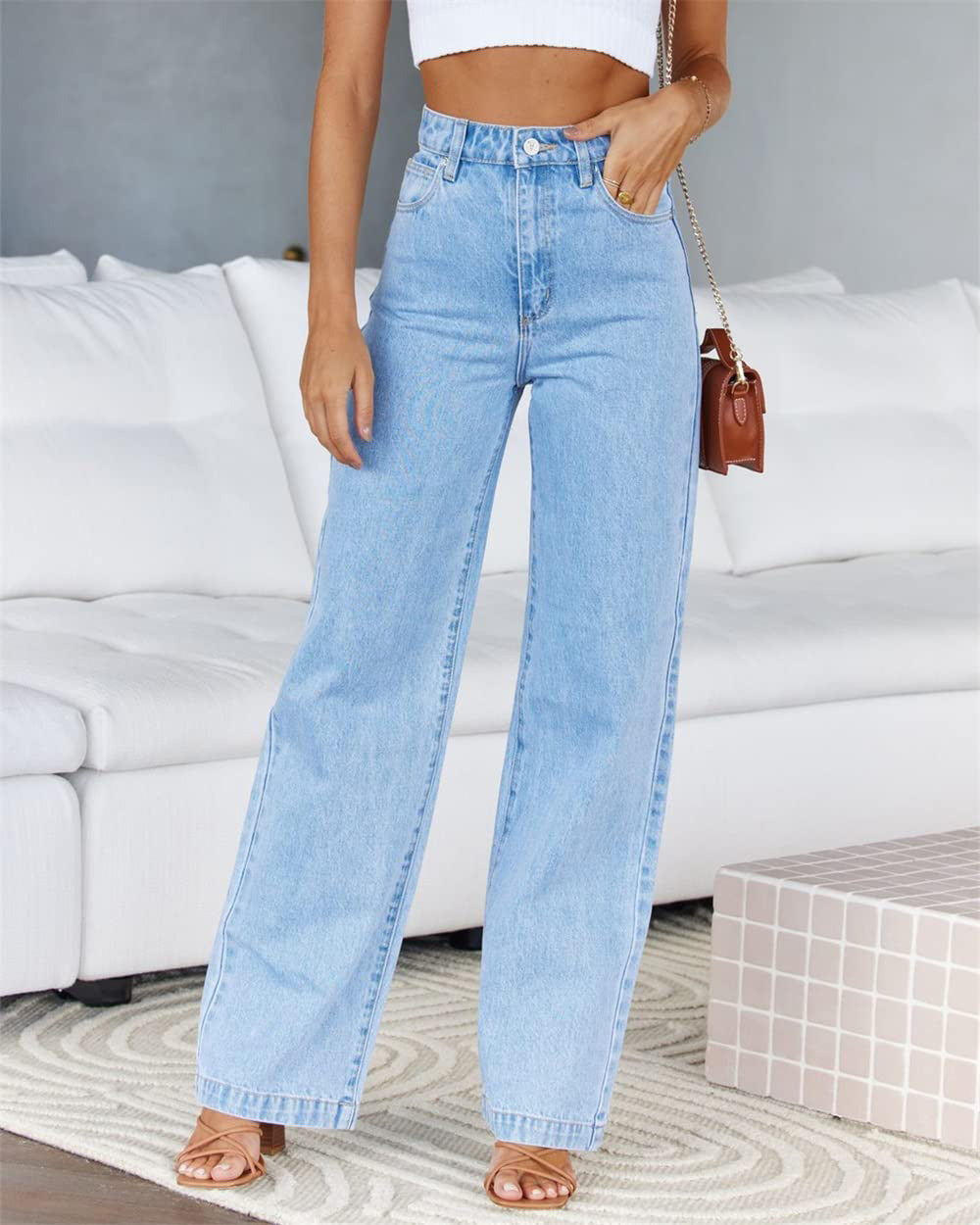 Dame brede high-waist jeans med ekstremt bredt ben og klassisk denim-vask Stilla