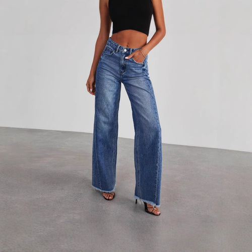 Damer brede High-Waist jeans med frynset afslutning Stilla