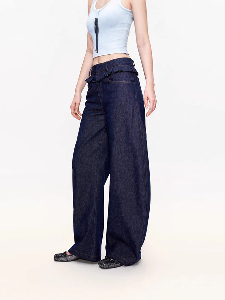 Dame bred Denim-bukser med høj talje og elegant plissé-detalje Stilla