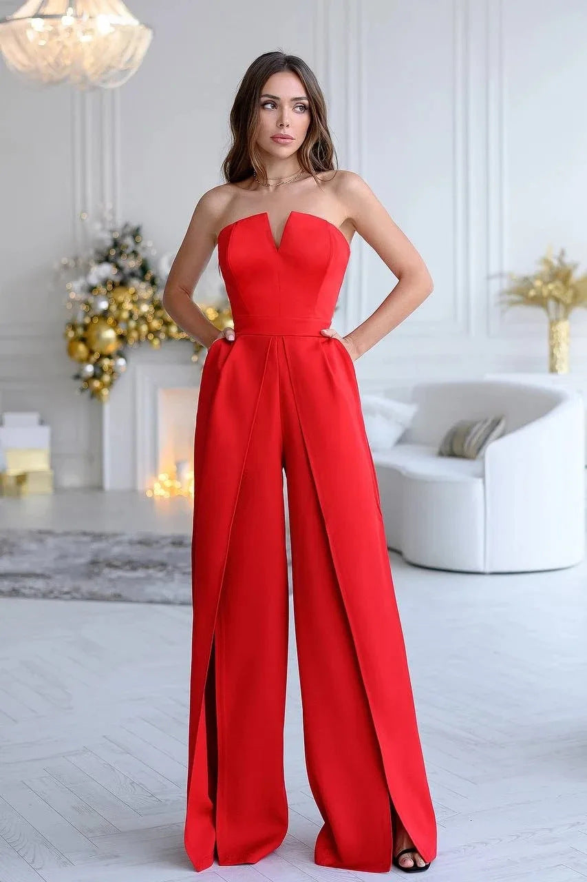 Kvinders elegante jumpsuit med dyb V-hals og flydende ben sømme