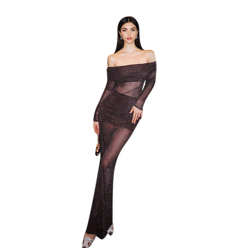 Dame elegant off-shoulder maxikjole med flæsedetaljer Skovae