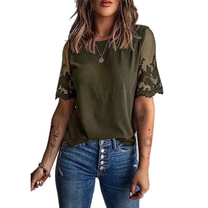 Dame moderigtigt T-shirt med blonder og detaljerige ærmer Stilla