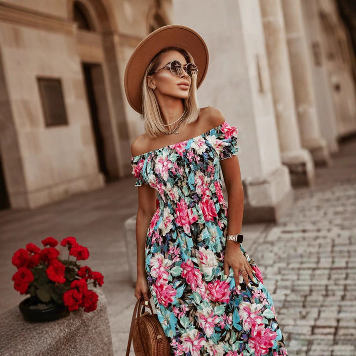 Dame Off-Shoulder Maxikjole med elastisk bånd og florale accenter Stilla