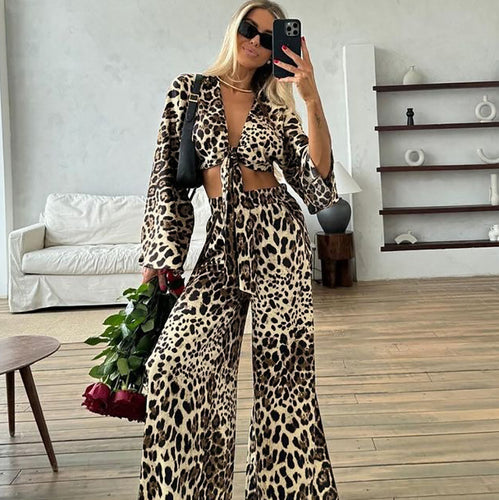 Dame leopardprint crop-top og nederdel sæt med flæser Stilla