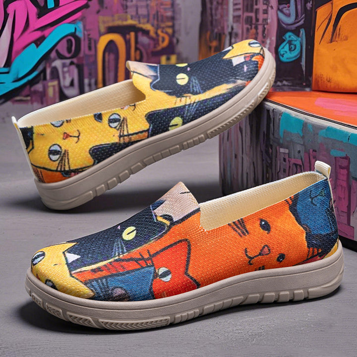 Dame Slip-On sko med farverigt kattemønster Stilla