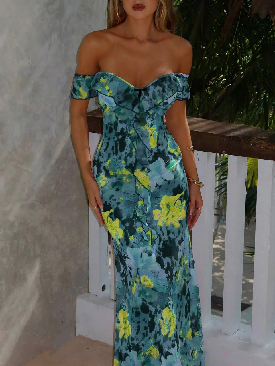 Dame Off-Shoulder Maxikjole med blomstermønster og flæse detaljer Skovae