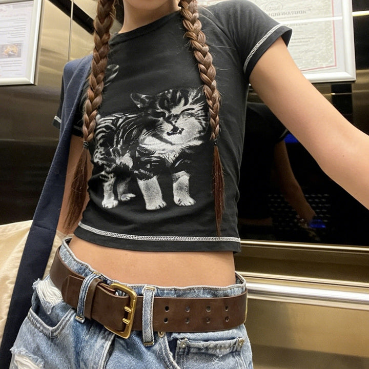 Dame T-shirt med kreativ kattemotiv Skovae