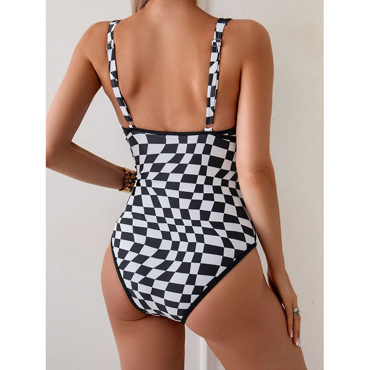 Dame one-piece badedragt med moderne skakbræt-mønster Skovae
