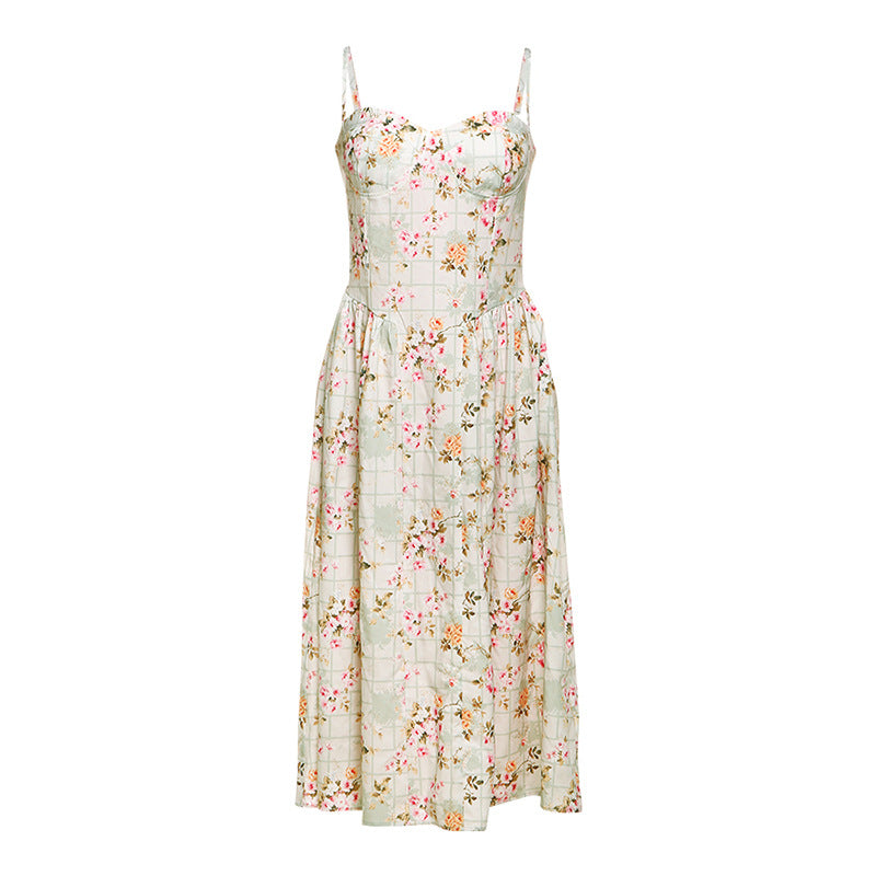 Dame Blomsterdesign Midi-Kjole med Spaghetti-stropper og flowy Skirt Skovae