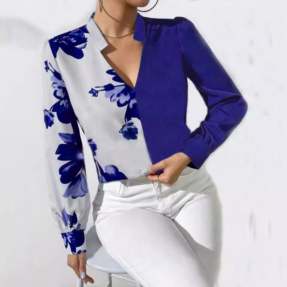 Damebluse med asymmetrisk snit og blomstermotiv Stilla