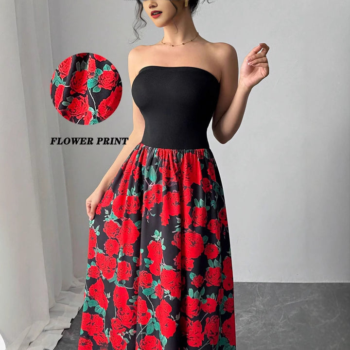 Dame uden stropper maxikjole med figursyet bandeau-overdel og udstillet rose-print-nederdel Skovae