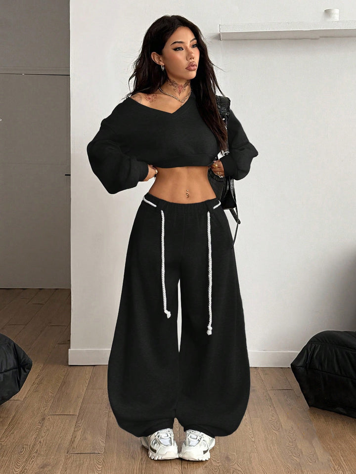 Kvindernes afslappede crop top og brede ben bukser sæt Skovae