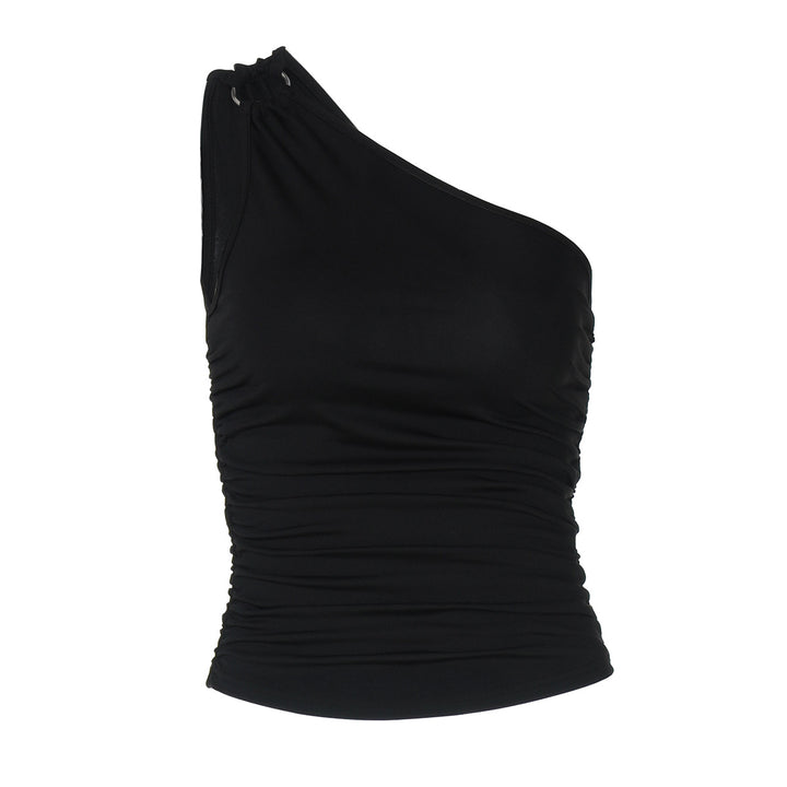 Dame elegant top med asymmetrisk snit og raffinerede rynkelementer Skovae