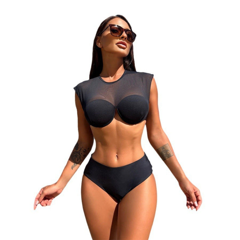 Dame Sport-Bikini-overdel med gennemsigtige ærmer og højt skåret underdel Skovae