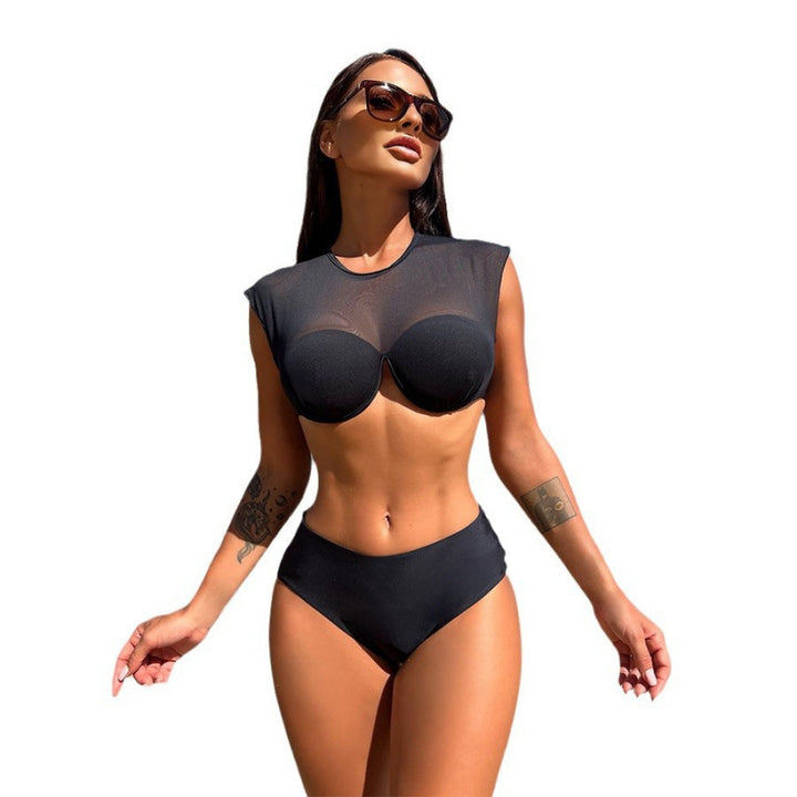 Dame Sport-Bikini-overdel med gennemsigtige ærmer og højt skåret underdel Skovae