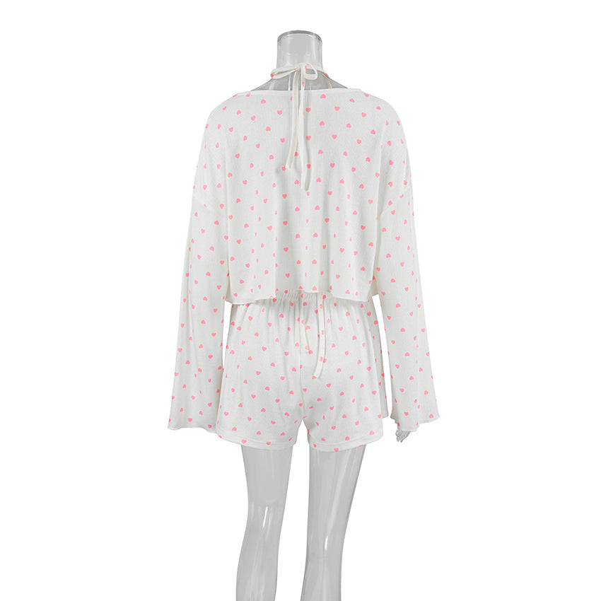 Dame Pyjama sæt med hjerteformet mønster og afslappet kimono overdel Stilla