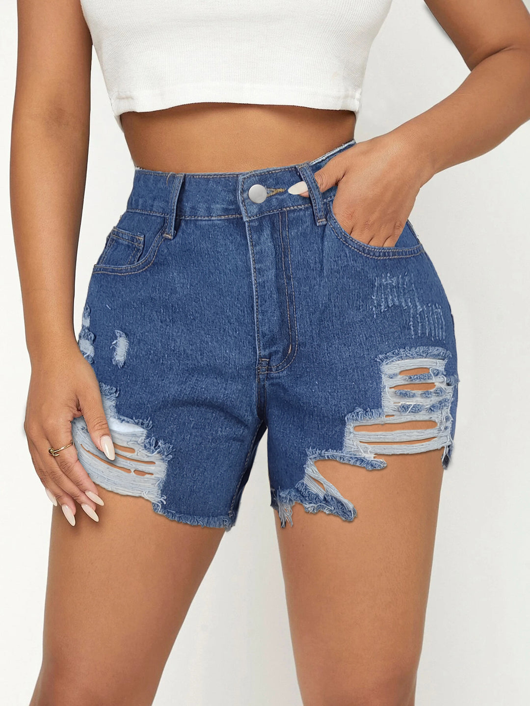 Dame Destroyed Denim-Shorts i afslappet stil med høj talje og frynset kant Stilla