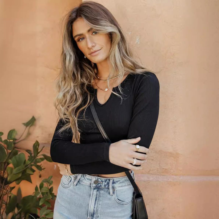 Dame Langærmet Crop-Top med struktureret Rib Materiale Stilla