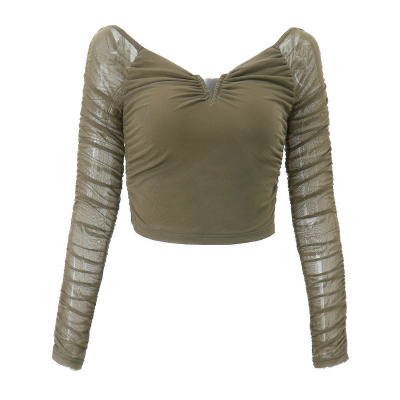 Dame afslappet cropped top med raffinerede flæsedetaljer og transparente ærmeområder Stilla