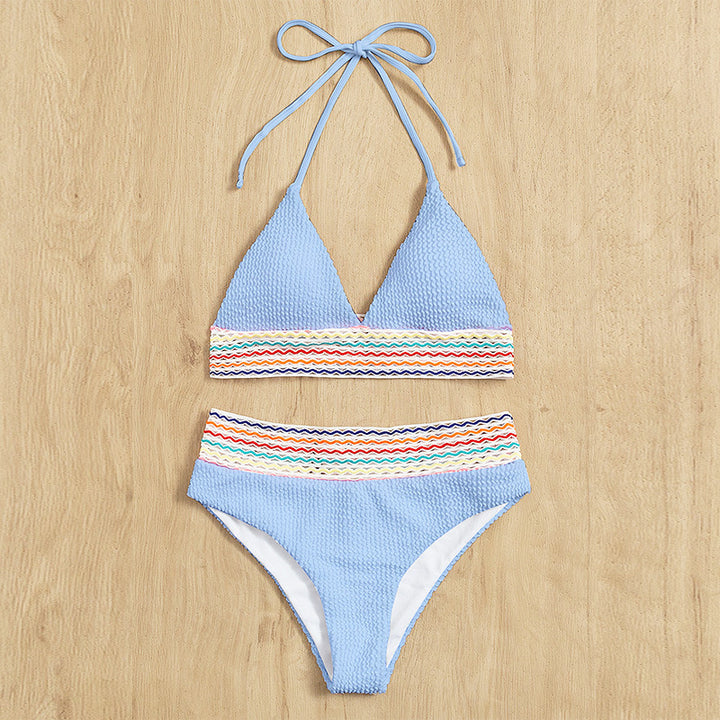 Dame Triangel-Bikini med højt skåret underdel og farverigt bånd Skovae