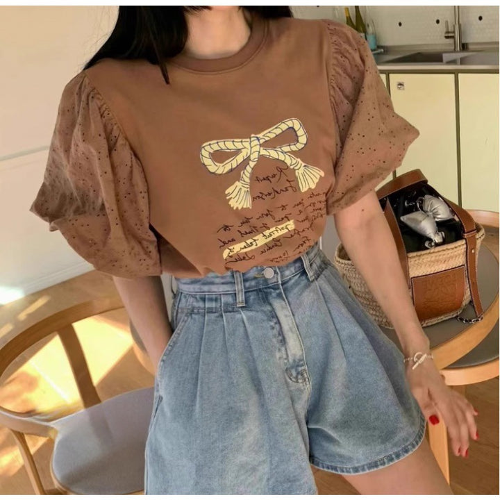 Dame Puffærmet Grafik T-shirt og høj talje Denim Shorts Sæt Stilla