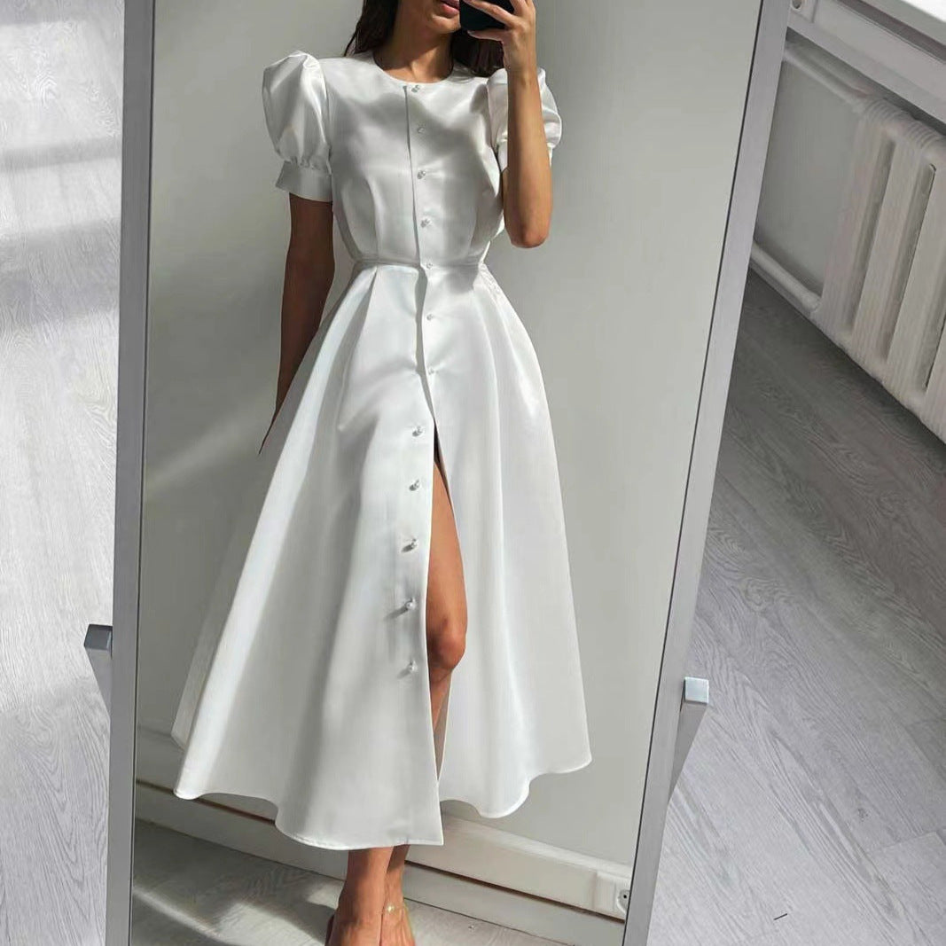Dame Midi-Kjole med puffærmer og skinnende satin-finish Skovae