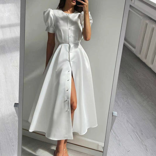 Dame Midi-Kjole med puffærmer og skinnende satin-finish Skovae