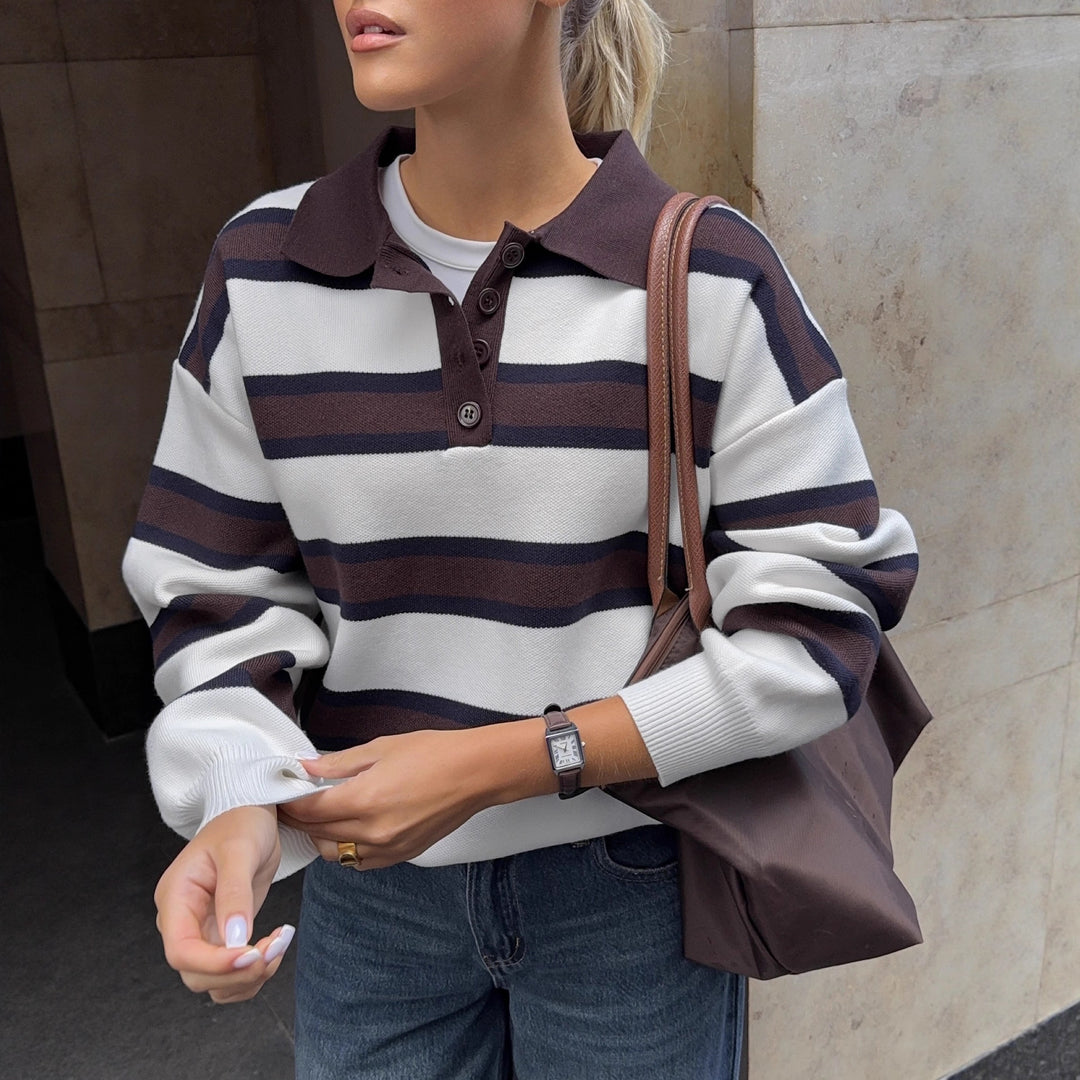 Dame sweatshirt med stribemønster og knapliste Stilla
