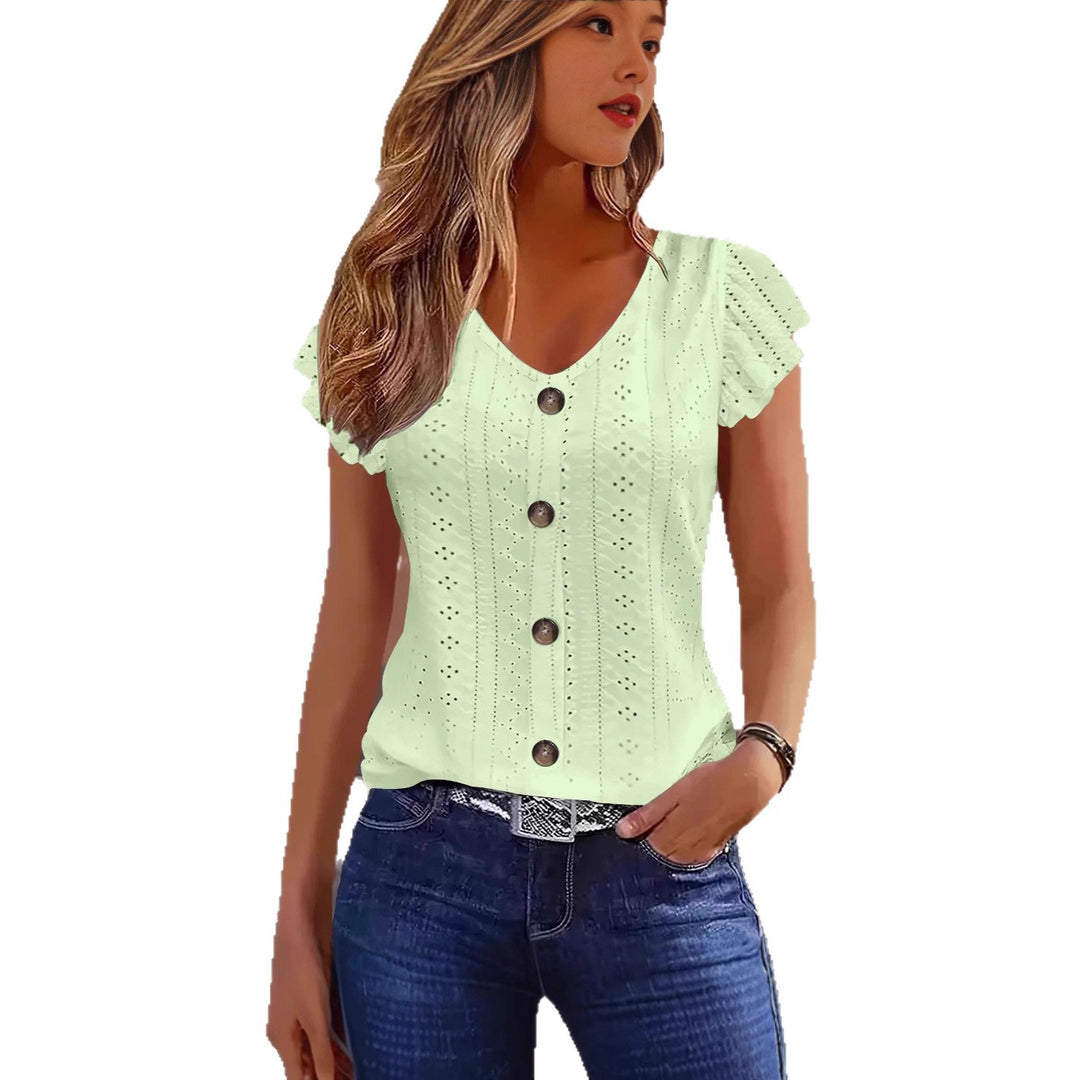 Dame elegant bluse med spisemønster og knapdekoration Skovae