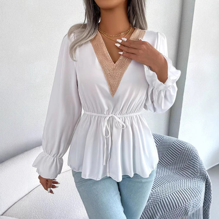 Dame Elegant V-Udsnit Bluse med Spidsedekoration Stilla