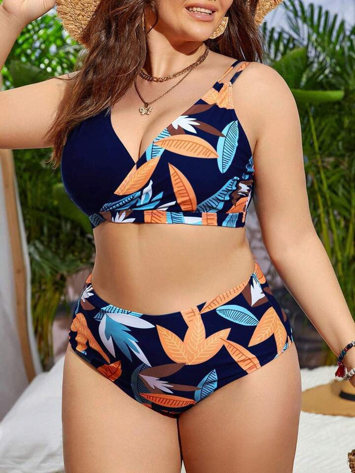 Damer Højskåret Bikini med Vikledesign og blomster mønster Skovae