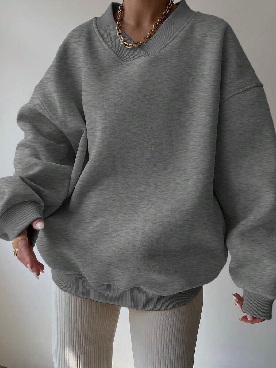 Kvinder Oversized Sweatshirt med V-hals og brede ærmekanter Skovae