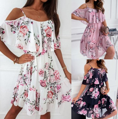 Dame Flydende Off-Shoulder Blomster Mini Kjole Stilla