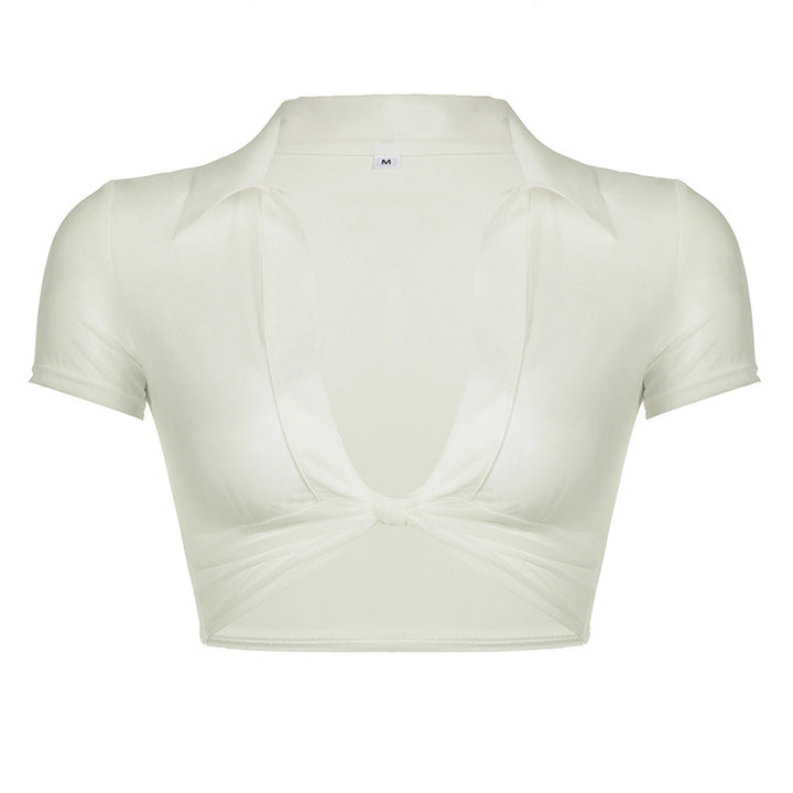 Dame cropped top med knude-design og dyb V-hals Skovae