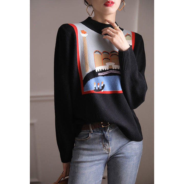 Dame moderigtig pullover med unikt grafisk design Stilla