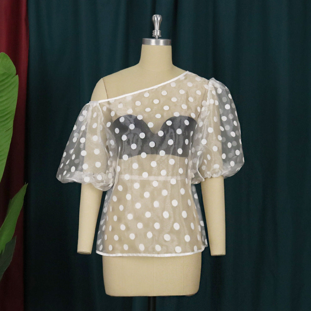 Damer Legesløs Bluse med gennemsigtige Polka-prikker Design og Puffærmer Skovae