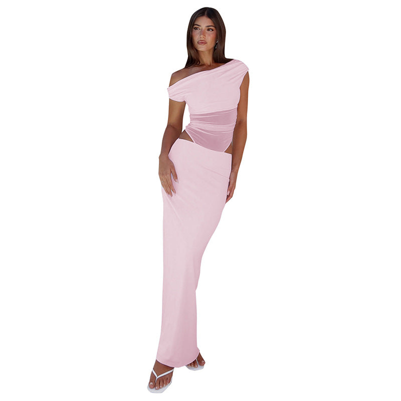 Femme Elegantes Ene-Skulder Maxi Kjole med Volantdetalje Stilla