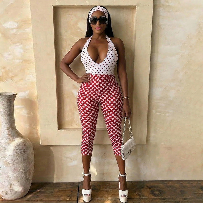 Damen Polka-Dot Jumpsuit mit tiefem V-Ausschnitt und elastischem Material Skovae